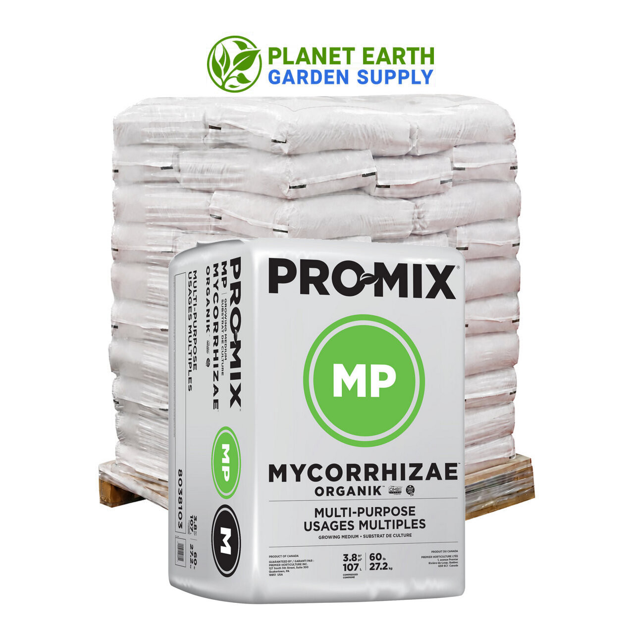 Premier PRO-MIX MP Mycorrhizae Organik bulk pallet holding 30 individually packaged compressed bales.