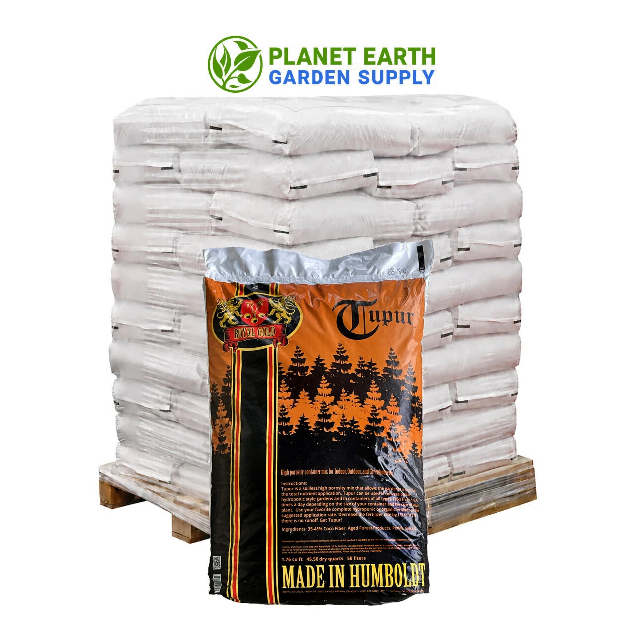 Royal Gold Tupur growing medium packaged with 65 bags per pallet for commercial container cultivation.