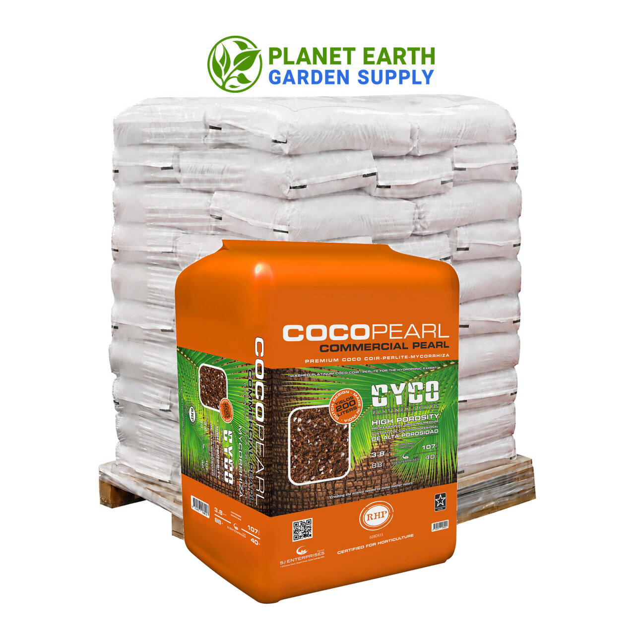 CYCO Coco Pearl mycorrhizae growing medium packaged with 25 bales per pallet for inventory planning.
