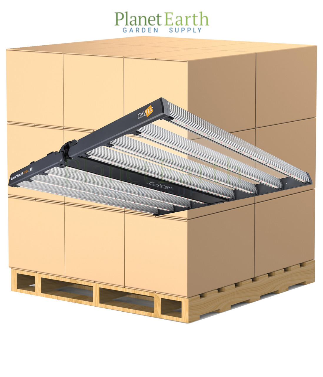 Gavita Pro RS 2400e LED grow light hovering in front of a pallet stacked with cardboard boxes.