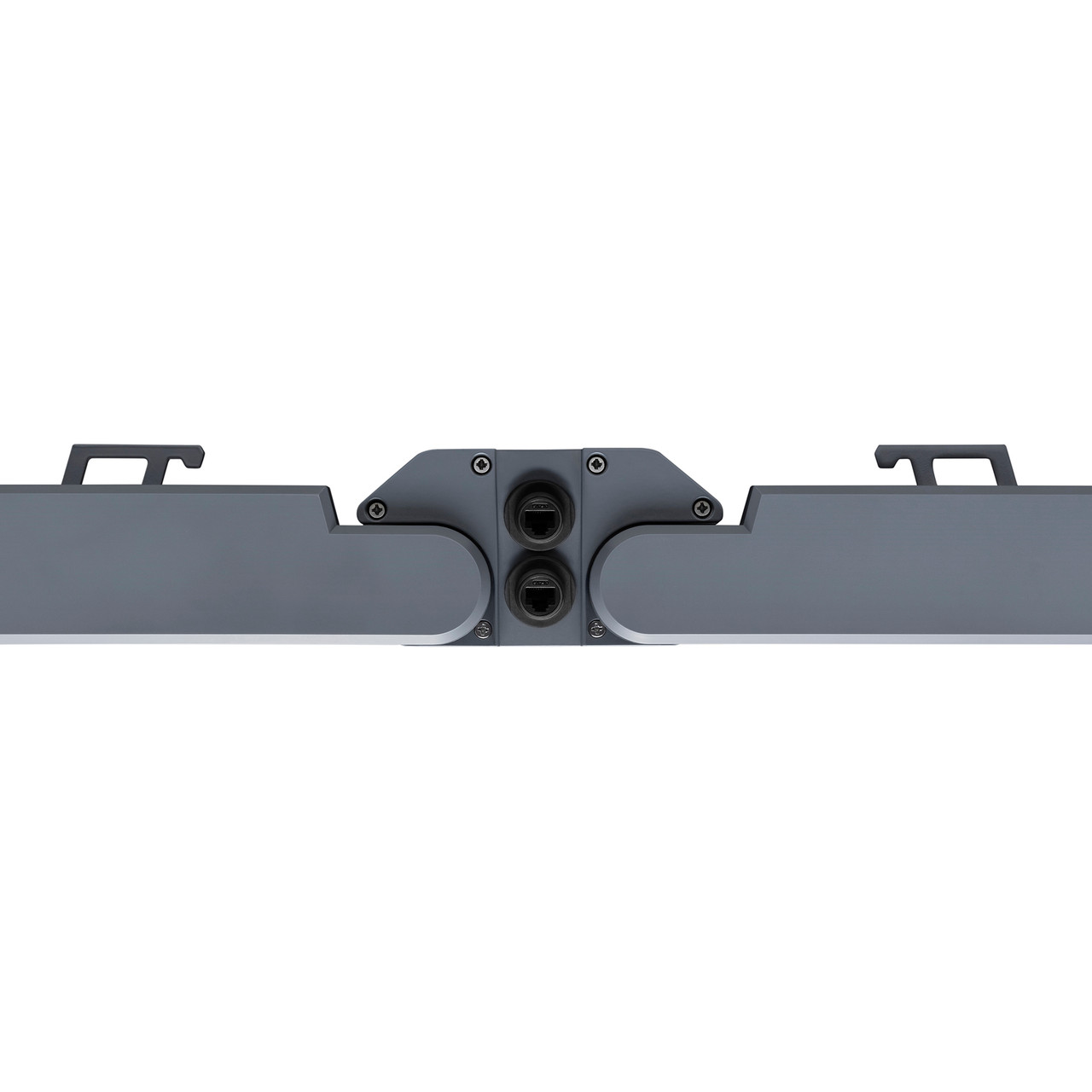 Close-up of the grey central connection hub on a Gavita LED fixture, featuring two RJ45 ports.