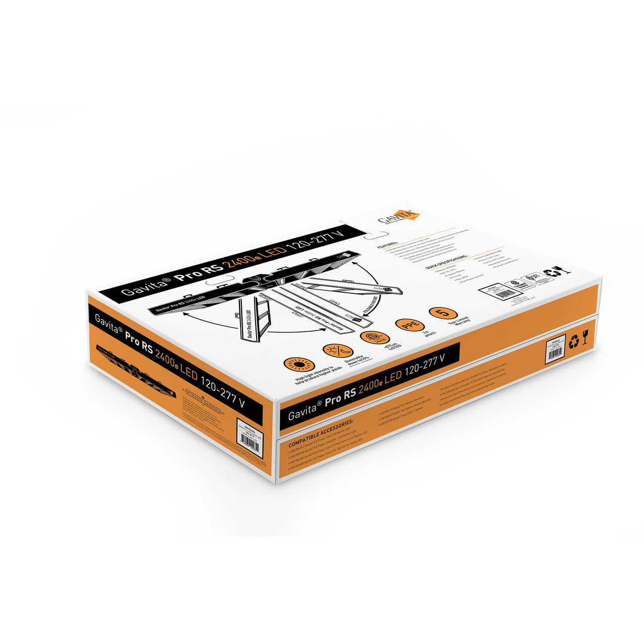 Gavita Pro RS 2400e LED light box in white and orange with product graphics.