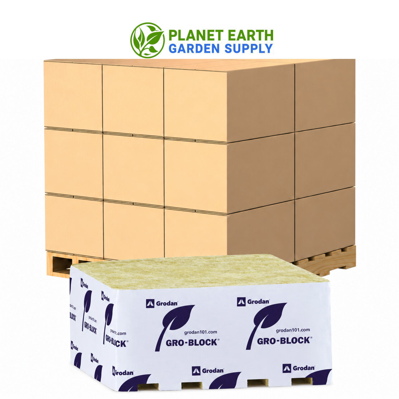 Bulk Grodan Uni-Block pallet containing 12 cases of 36 stonewool blocks each.