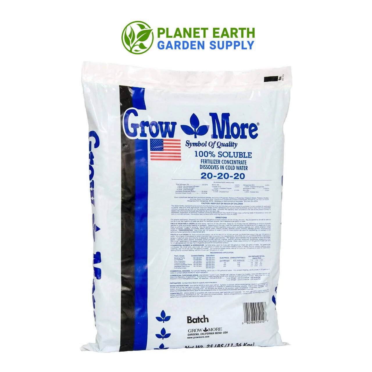 Grow More 25 pound fertilizer bags with balanced nitrogen, phosphate, and potash.