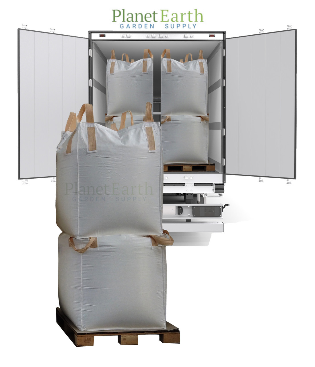 Two large white bulk totes on a wooden pallet, with more visible inside an open delivery truck.