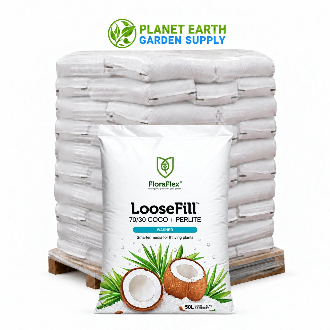 Bulk FloraFlex LooseFill washed coco perlite bags for commercial growers at PlanetEarthGardenSupply.com.