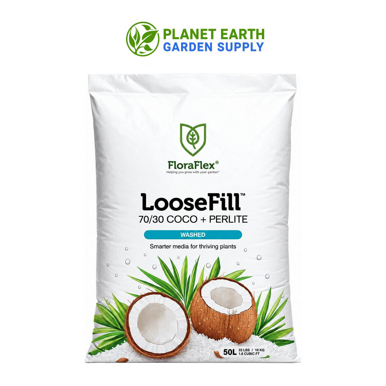 Washed FloraFlex coco coir and perlite blend for filling pots and managed hydroponic systems.