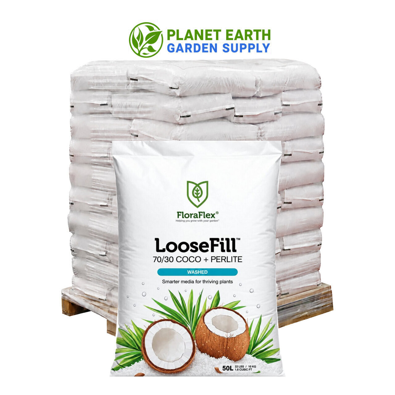 FloraFlex LooseFill pallet containing 100 individual 50-liter bags of 70/30 growing medium.