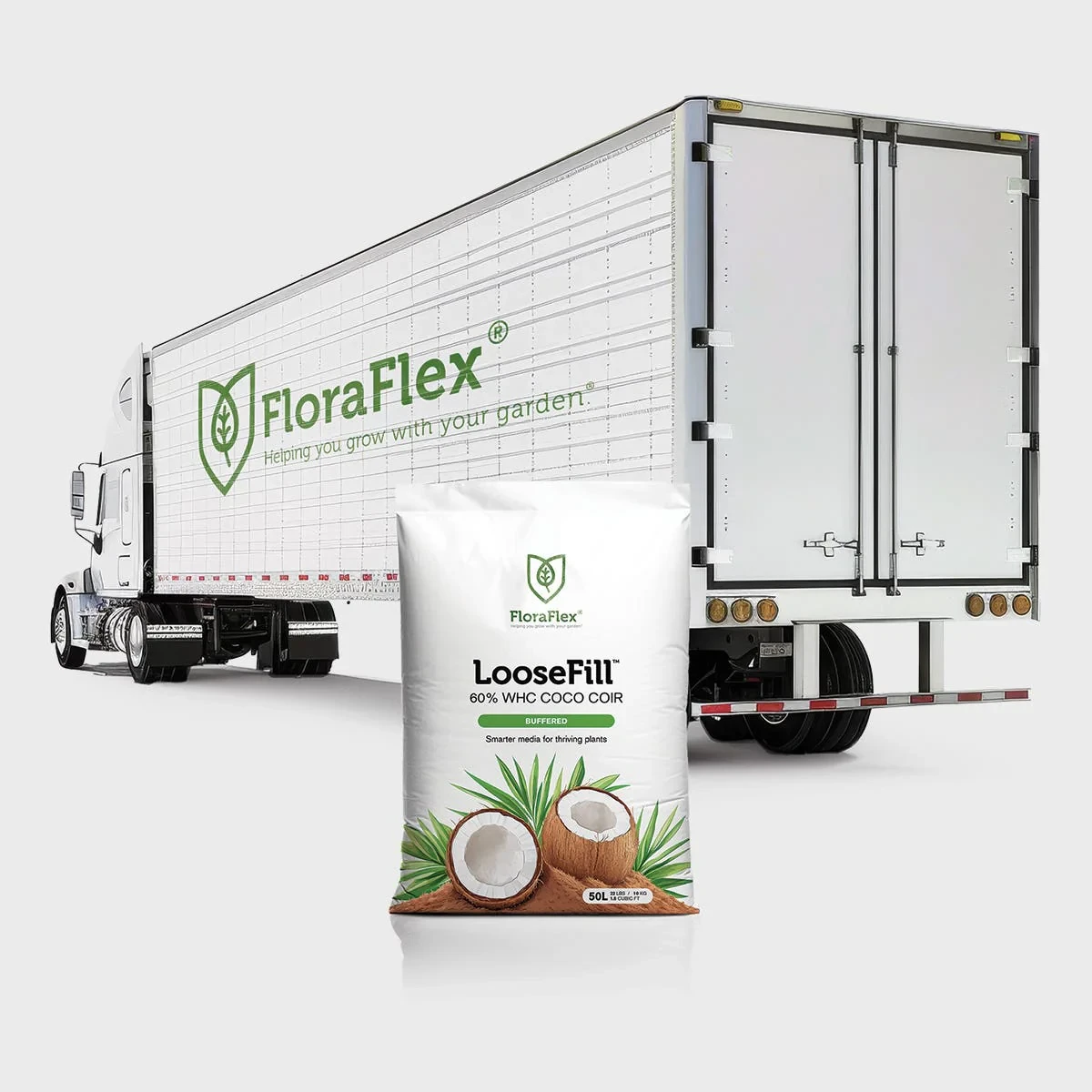 FloraFlex 50L LooseFill coco coir bag in front of a white delivery truck.