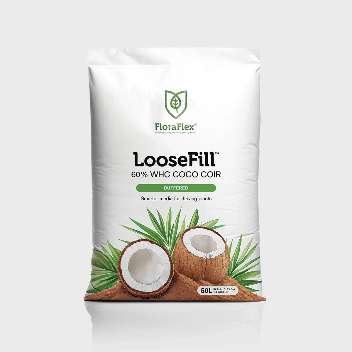 White bag of FloraFlex LooseFill coco coir with green branding and coconut graphics.