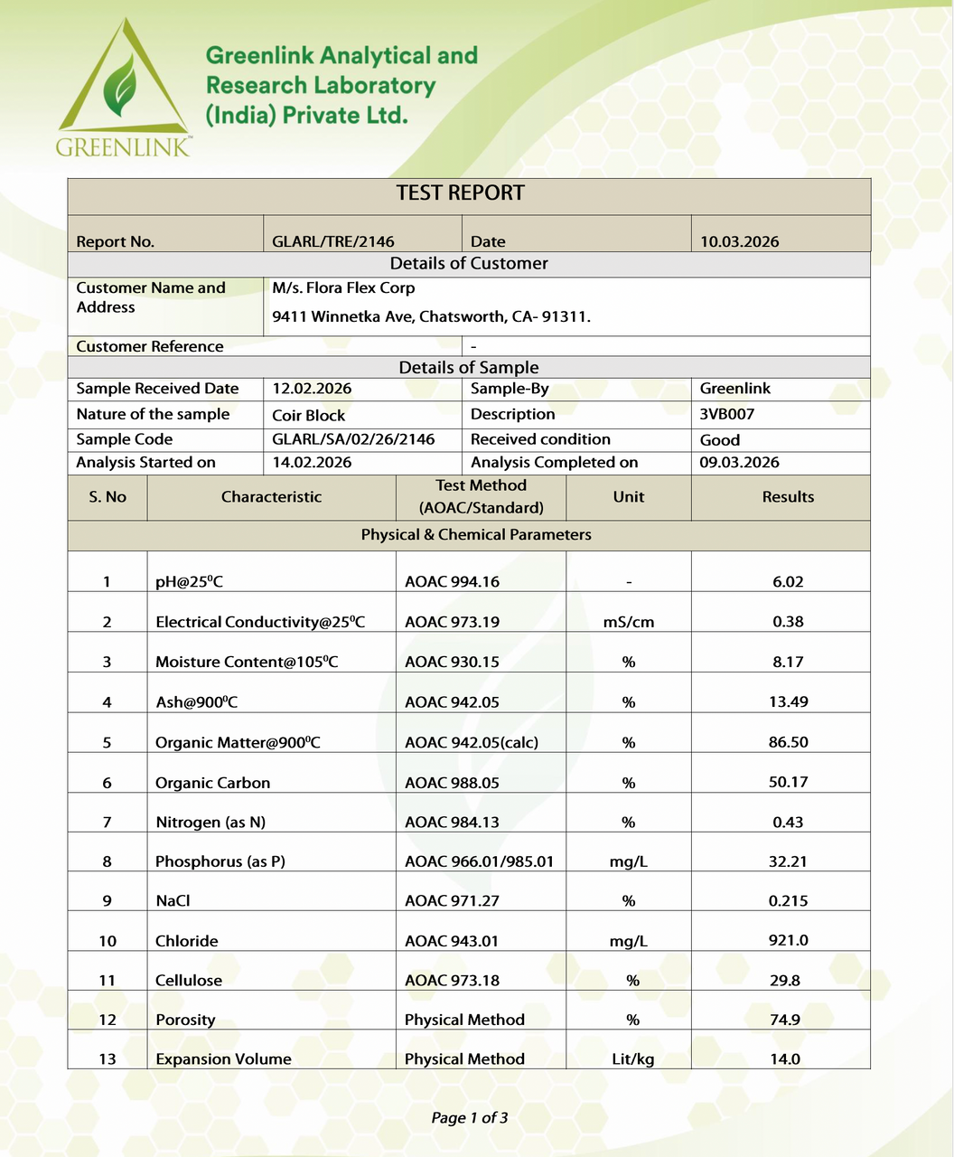 Test report from Greenlink Analytical Lab showing physical and chemical parameters for Flora Flex coco block.