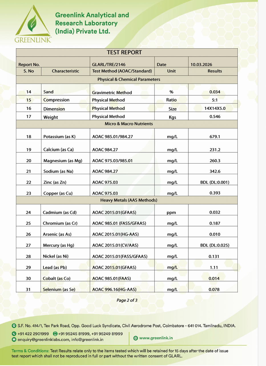 Test report document from Greenlink Analytical Laboratory displaying physical, chemical, and heavy metal test results.