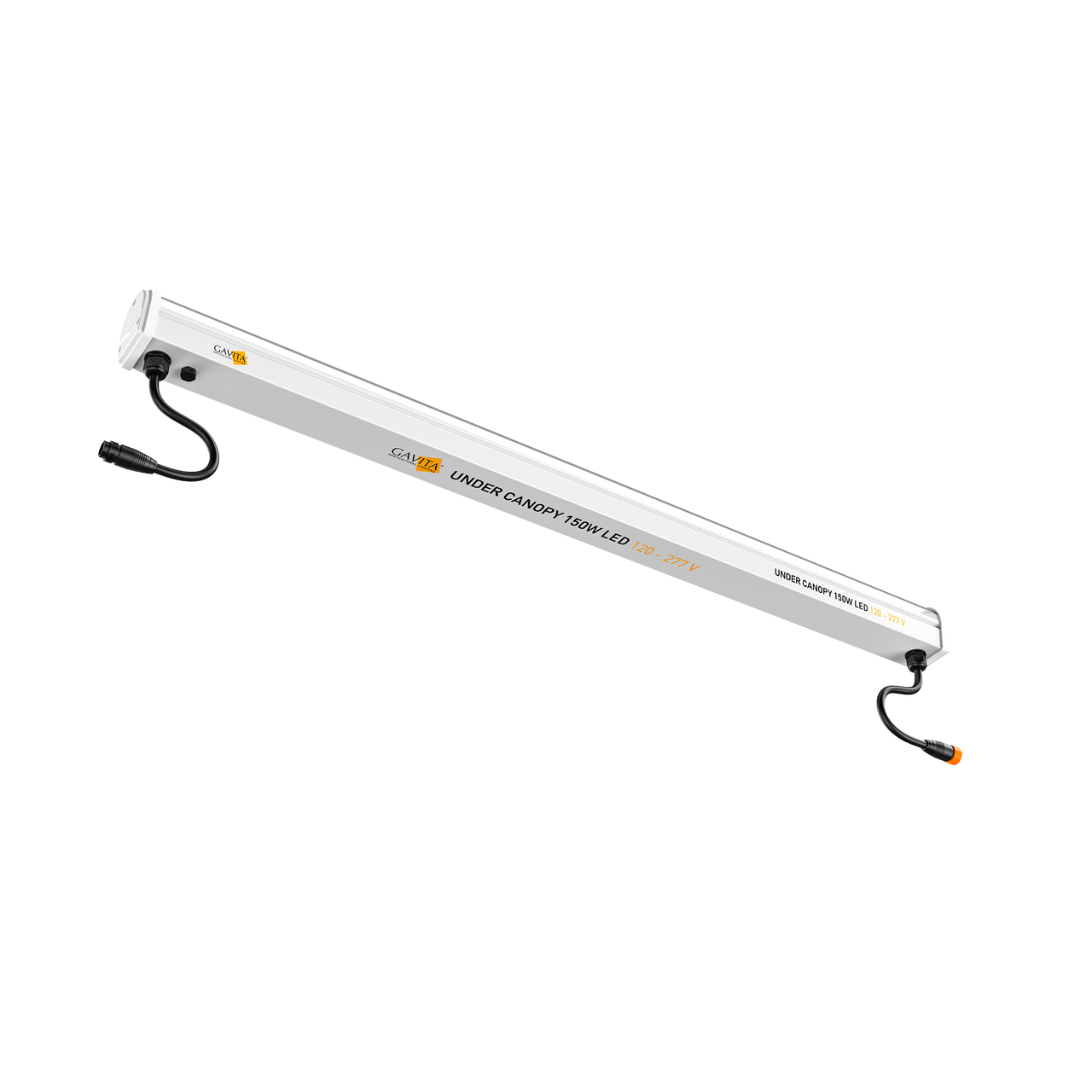 Angle view of a white Gavita under canopy 150W LED light bar with black power cables.
