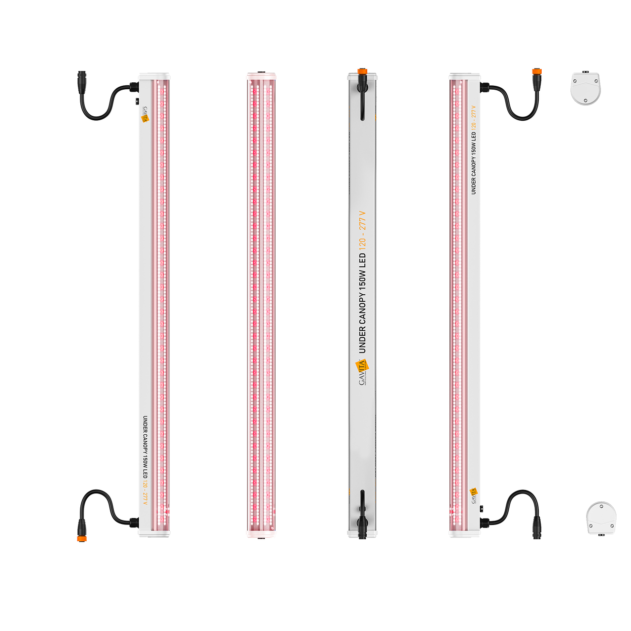Multiple angles of a Gavita 150W under-canopy LED light bar with white housing and dual-sided red/white diodes.