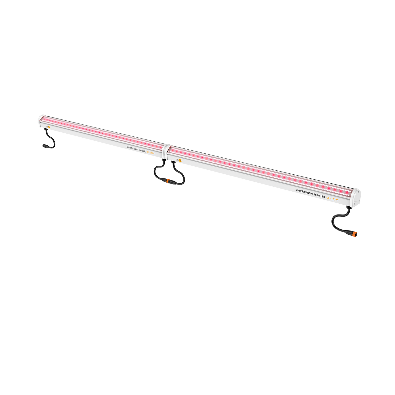 Gavita Under Canopy LED grow light bar in white, emitting a red spectrum, viewed at an angle against a black background.