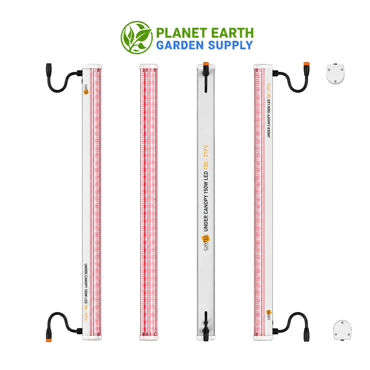 Gavita Under Canopy 150W LED grow light, 120–277V, multiple product angles and connector details at PlanetEarthGardenSupply.com.