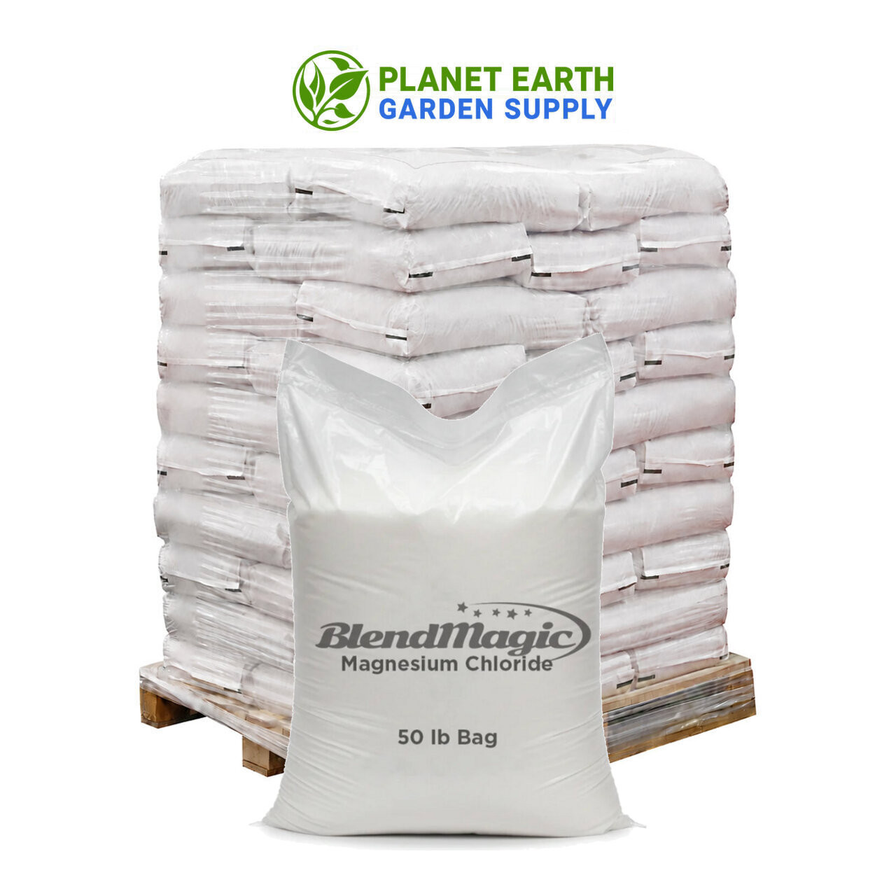 BlendMagic Pure Magnesium Chloride Flakes in bulk 50-pound bags for ice control at PlanetEarthGardenSupply.com.