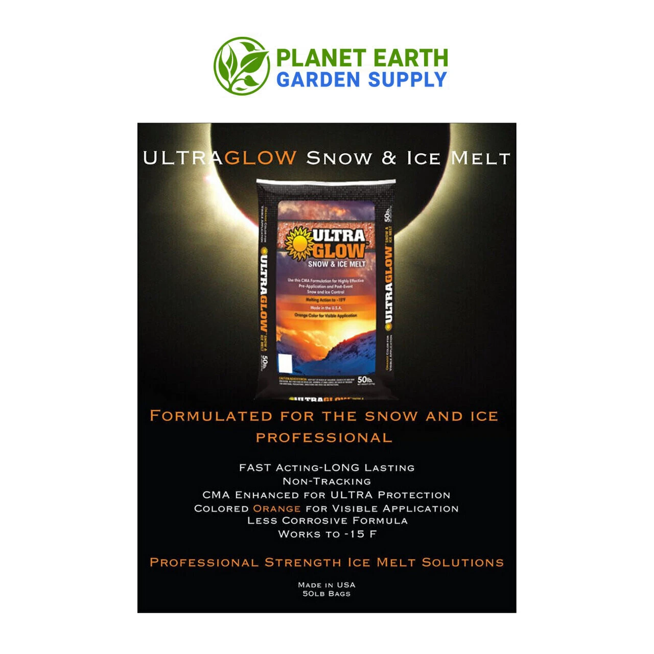 UltraGlow snow and ice melt with CMA, packaged in 50-pound bags for seasonal deicing.