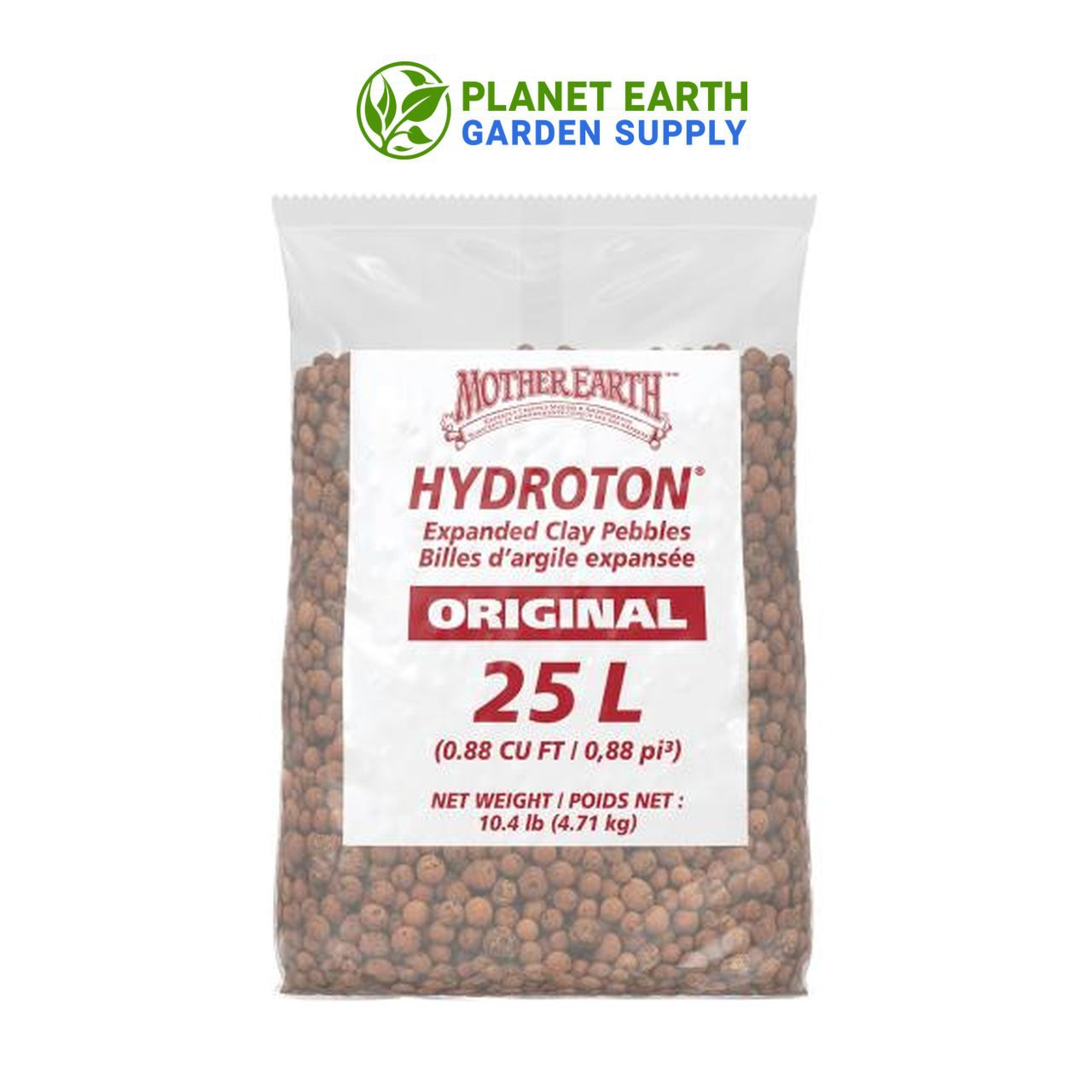 Mother Earth Hydroton Original expanded clay pebbles support drainage, aeration, and hydroponic growth at PlanetEarthGardenSupply.com.