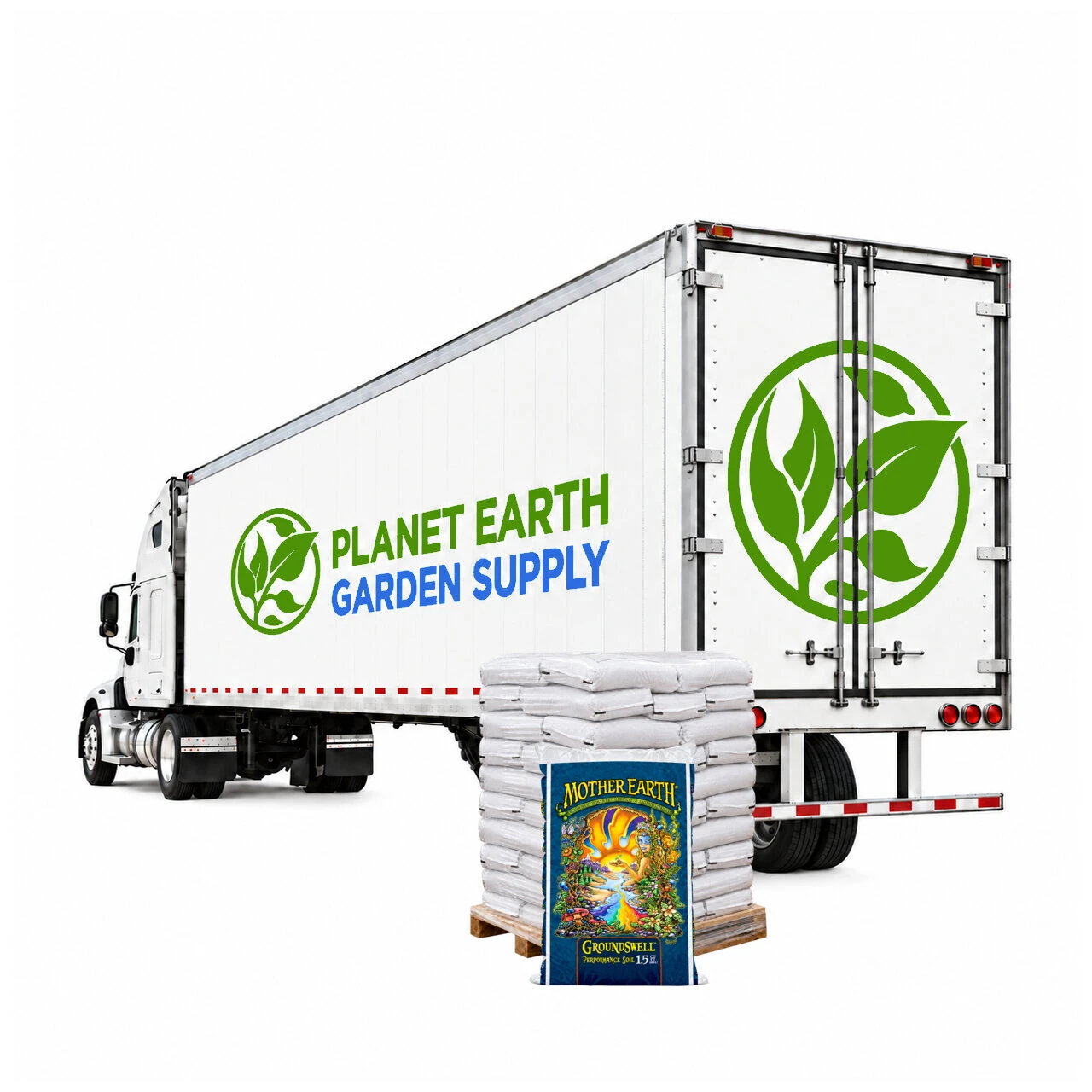 Full truckload of Mother Earth Groundswell soil for nursery container planting at PlanetEarthGardenSupply.com.
