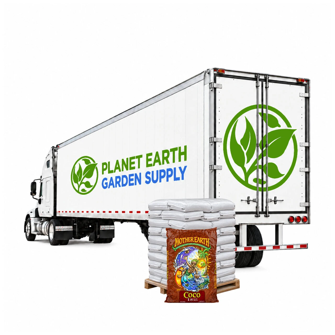 Full truckload of Mother Earth Coco growing medium for commercial cultivation at PlanetEarthGardenSupply.com.