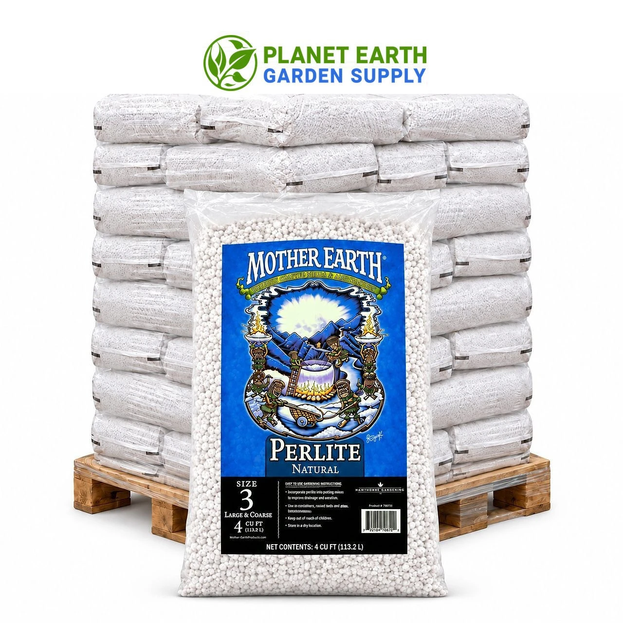 Mother Earth Perlite #3 in 4 cubic foot bags for full truckload orders at PlanetEarthGardenSupply.com.