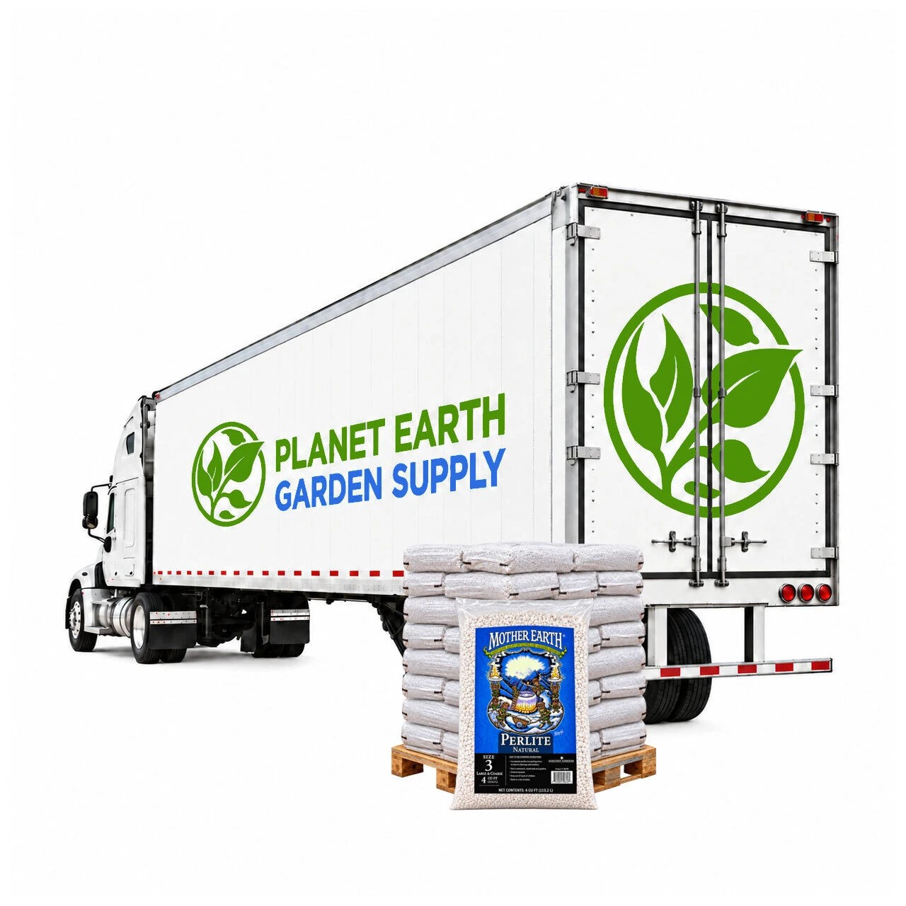Full truckload of Mother Earth Perlite #3 bags for commercial growing media and soil aeration.