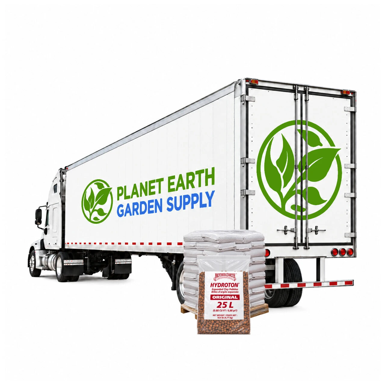 Full truckload Mother Earth Hydroton Original clay pebbles for greenhouse hydroponic systems at PlanetEarthGardenSupply.com.