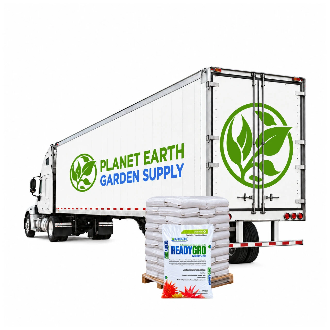Full truckload of Botanicare ReadyGro Moisture coco and perlite growing media for commercial container cultivation.