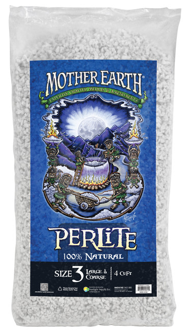 A large clear plastic bag of Mother Earth Perlite with a blue fantasy label.