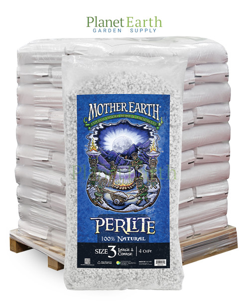 A pallet of Mother Earth coarse perlite bags, featuring a featured bag in front with a blue fantasy label.