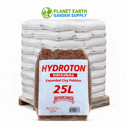 Hydroton Original 25-liter expanded clay pebble bags in bulk pallets at PlanetEarthGardenSupply.com.