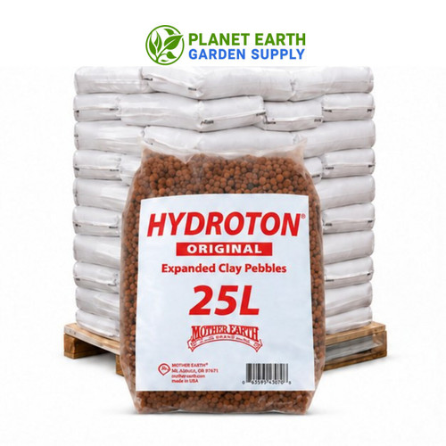 Mother Earth Hydroton Original 25 Liter Bags deliver premium expanded clay pebbles for hydroponic growing at PlanetEarthGardenSupply.com.