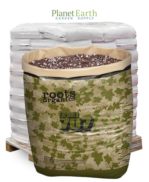 Pallet of 36 Roots Organics Formula 707 soil bags with an open sample bag showing mix.