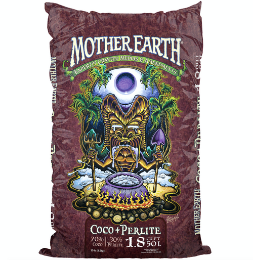 A burgundy 1.8 cubic foot bag of Mother Earth Coco + Perlite with an illustrated tiki graphic.