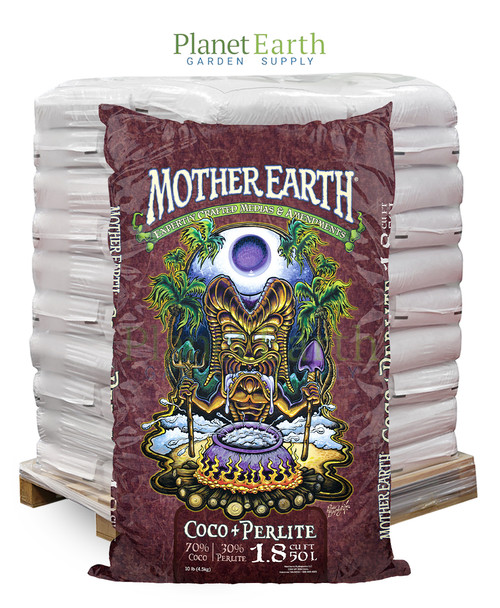 Pallet of Mother Earth Coco + Perlite bags featuring a large illustrated tiki design.