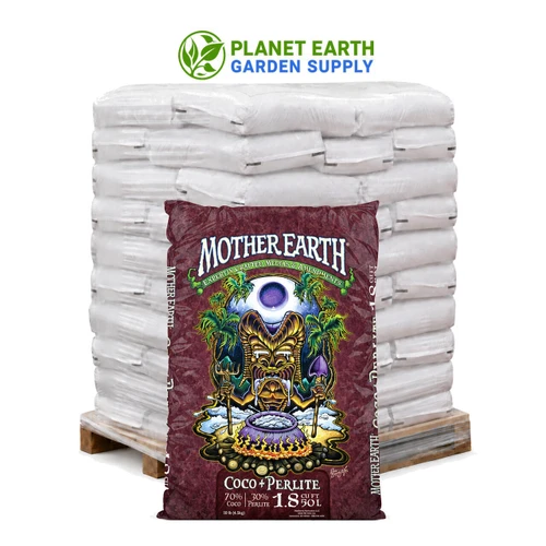 Mother Earth Coco + Perlite 1.8-cubic-foot bags in bulk pallets at PlanetEarthGardenSupply.com.