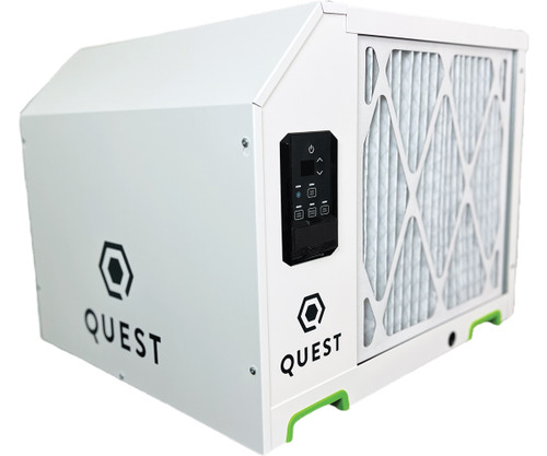 White Quest 225 overhead dehumidifier from a three-quarters angle, featuring a MERV 13 air filter and digital control pad.