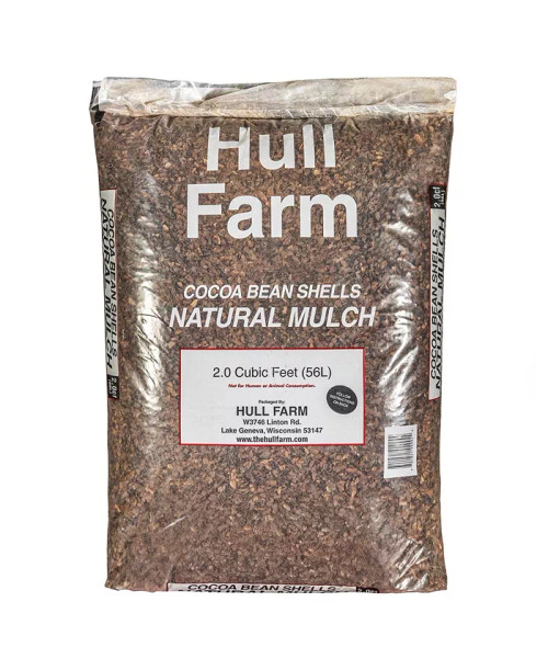 A single clear plastic bag of Hull Farm Cocoa Bean Shells Natural Mulch.