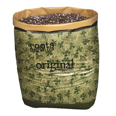 A 3 cubic foot bag of Roots Organics potting soil with green leaf pattern and open top.