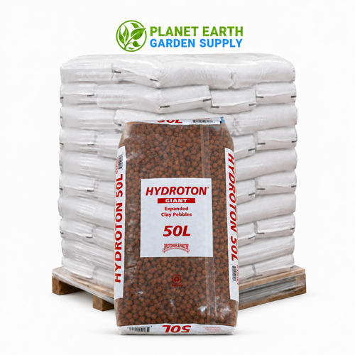 Mother Earth Hydroton Giant 50-liter expanded clay pebble bags in bulk pallets at PlanetEarthGardenSupply.com.