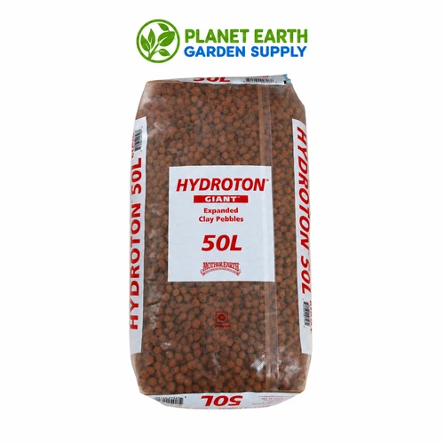 Bulk Mother Earth Hydroton Giant 50-liter bags deliver reusable expanded clay media for commercial hydroponics at PlanetEarthGardenSupply.com.