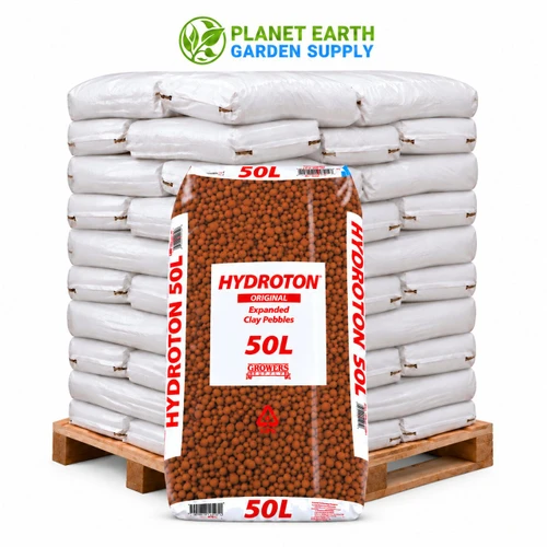 Mother Earth Hydroton Giant 50L expanded clay pebbles for hydroponic growing, available at PlanetEarthGardenSupply.com.