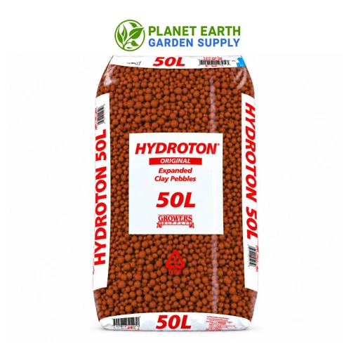 Mother Earth Hydroton Giant 50L growing media delivers expanded clay pebbles for hydroponic cultivation at PlanetEarthGardenSupply.com.