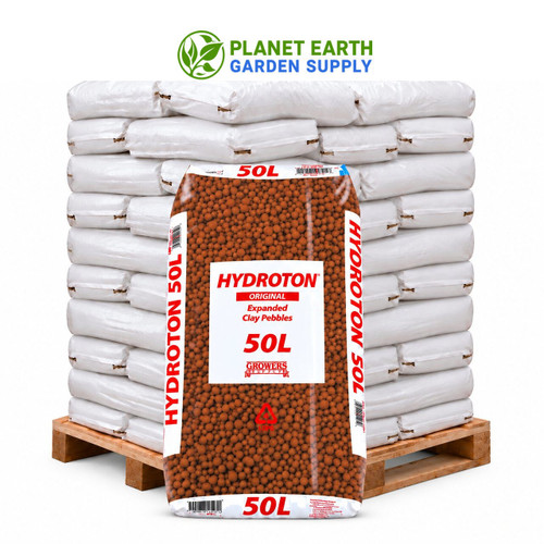 Mother Earth Hydroton Giant 50L expanded clay pebbles for hydroponic growing, available at PlanetEarthGardenSupply.com.