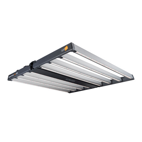 Angled view of a Gavita Pro RS 2400e LED grow light with an 8-rail foldable design.