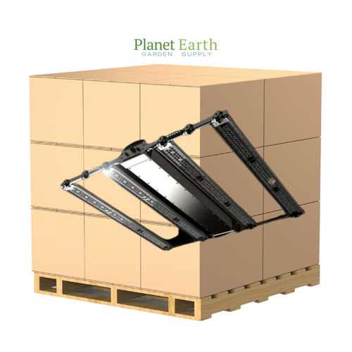 A pallet stacked with brown cardboard boxes, featuring a FOHSE A3i Scorpio LED grow light overlaid in the center.
