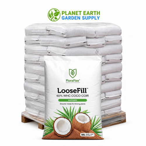 Bulk FloraFlex LooseFill buffered coco coir in 50-liter bags with 60% water-holding capacity.