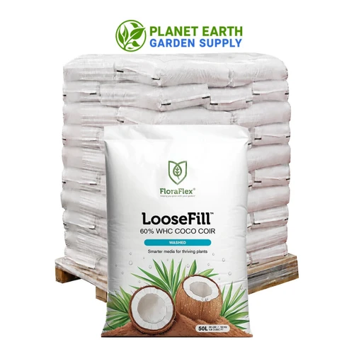 FloraFlex washed coco pallet holding 100 individual 50-liter bags for organized substrate distribution.