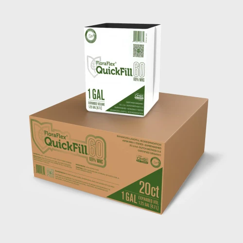FloraFlex 1-gallon QuickFill bag resting on a 20-count cardboard shipping box.